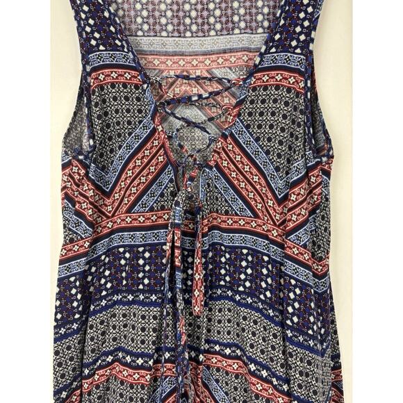 Aeropostale Women’s Boho Tank Dress Navy Blue Red Print Lace Up Back Cover Up S - Picture 5 of 8
